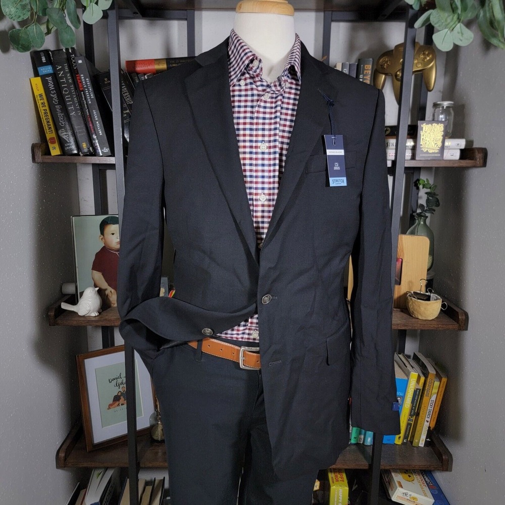 Stafford Men's Hopsack Blazer Two Silver Button Black‎ Wool Blend Classic 42L